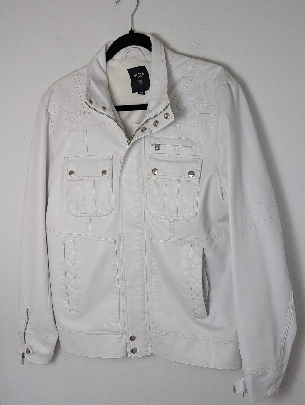 NWT Guess Men's Pure White Faux Leather Moto Biker Jacket Size Medium Org. $99